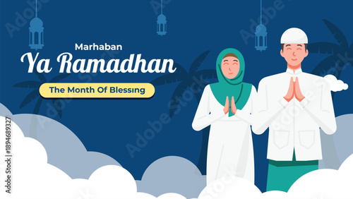Marhaban Ya Ramadhan greeting illustration with muslim couple praying at night