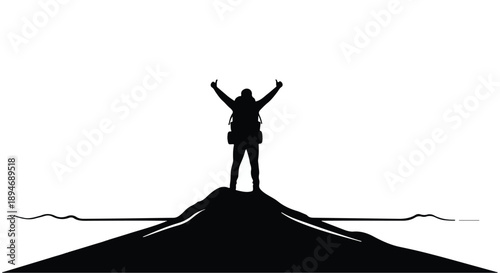 Triumphant hiker celebrates reaching the summit with arms raised in victory against a clear sky.