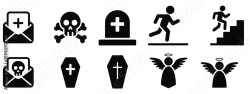 Funeral and death vector icon set with tombstones, crosses, urns, mourning symbols, candles, and memorial graphics, suitable for obituary design, remembrance materials, and vector illustration use.