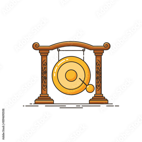 Traditional Asian gong hanging from wooden frame with intricate carvings.