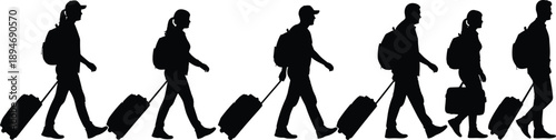 Vector, black, silhouettes, collection, of, diverse, men, and, women, walking, with, backpacks, and, rolling, suitcases, for, travel, vacation, tourism, and, airport, transit, designs