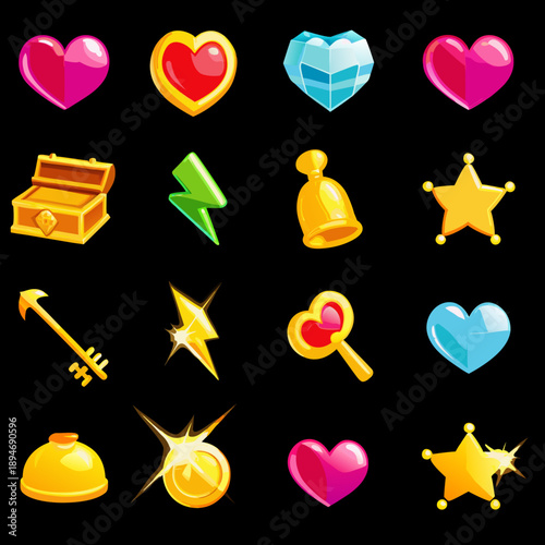 Colorful icons depicting hearts treasure and game elements on black