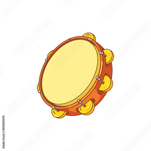 Vibrant cartoon illustration of a tambourine with orange frame and yellow cymbals.