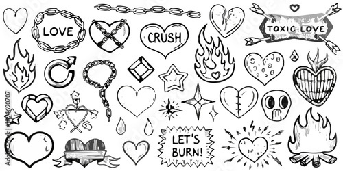 A collection of gothic style tattoo flash designs on a black background