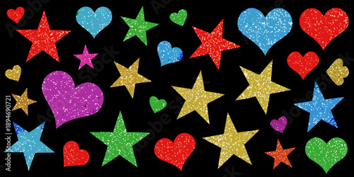 Colorful glitter stars and hearts scattered on a black background
