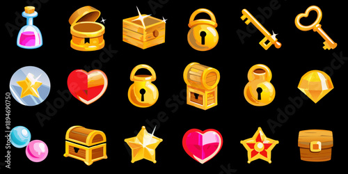 Collection of colorful cartoon style treasure and magical item icons