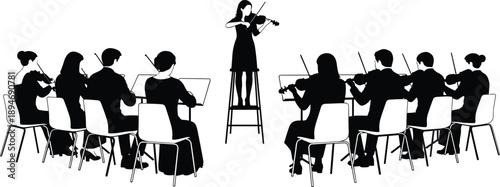 Vector, black, silhouettes, of, a, classical, music, orchestra, with, violinists, and, cellists, performing, for, a, conductor, or, lead, violinist, on, a, podium, design