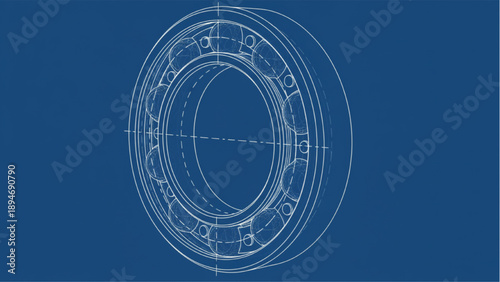Ball Bearing Blueprint Engineering Assembly Technical Line Drawing on Blue Background