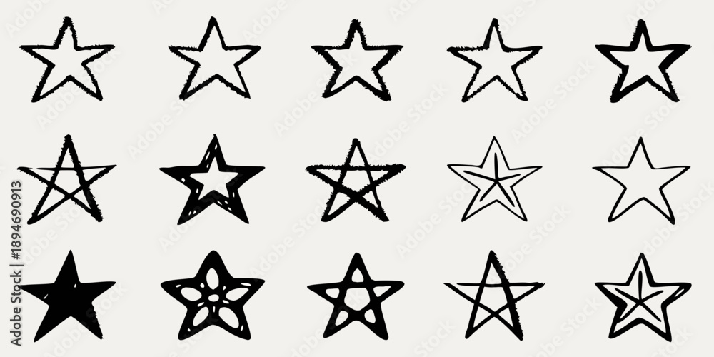 Fototapeta premium Collection of hand drawn five pointed stars in varying styles