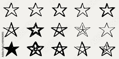 Collection of hand drawn five pointed stars in varying styles