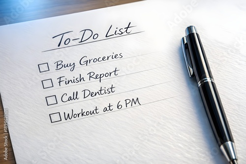 Close up of a handwritten to-do list featuring tasks like buying groceries finishing a report calling the dentist and scheduling a workout alongside a sleek black pen ready for checking items.