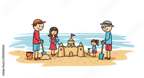 Family Building Sandcastle Together on Beach Vacation.