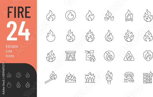 Fire Line Editable Icons set. Vector illustration in modern thin style of fire of different shapes and sizes: a match, fireplace, forest fire, and more. Isolated on transparent background.