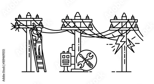 Electrician working on power lines near transformer and lightning.