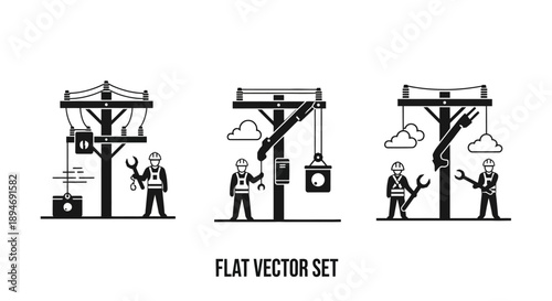Electricians working on power lines and utility poles.