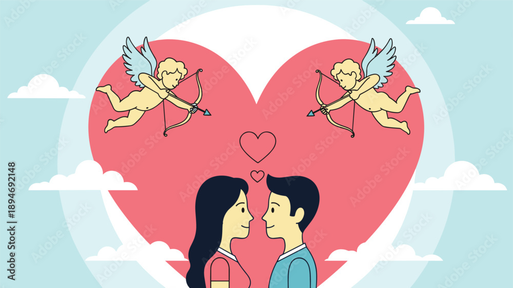 Obraz premium Two winged cupids shooting love arrows towards a romantic young couple standing in front of a giant pink heart to celebrate valentines day.