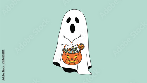 Friendly cartoon ghost wearing a white sheet holding an orange pumpkin basket filled with assorted halloween candies and treats for children.