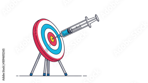 Medical syringe with blue liquid hitting the center of a colorful target bullseye to represent successful vaccination or healthcare goals.