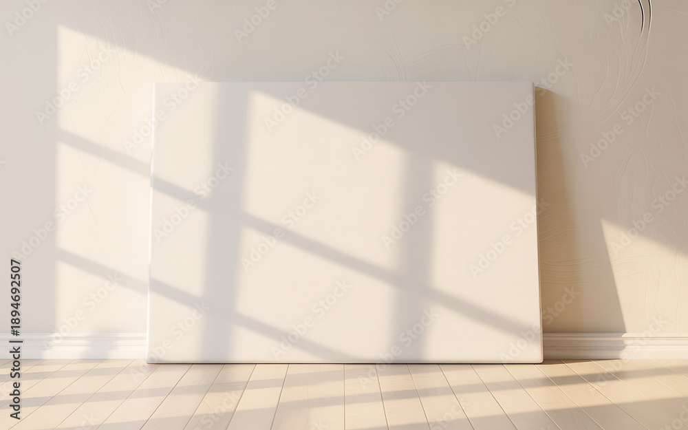 Fototapeta premium Square blank canvas with soft, warm sunlight and shadow patterns falling across it on a textured wall and wooden floor, perfect for artistic presentations.