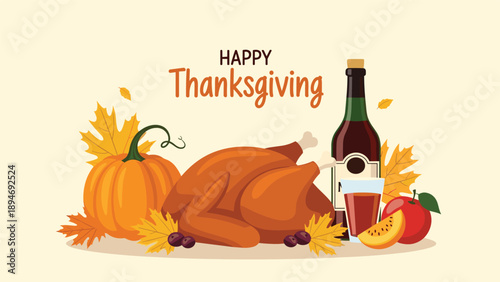 Festive thanksgiving dinner illustration featuring a roasted turkey pumpkin wine bottle and autumn leaves to celebrate the holiday with family.