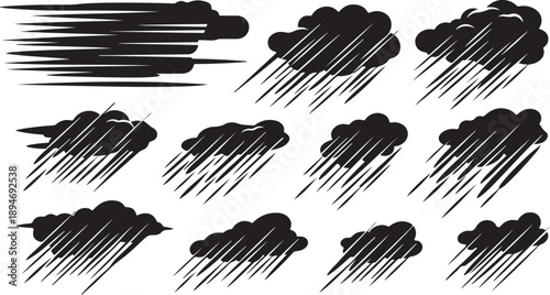 Black rain clouds and stormy weather icons illustration set