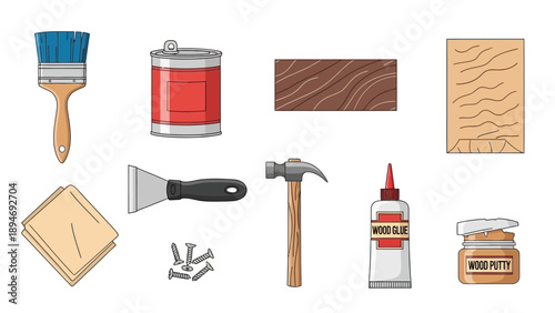 A collection of carpentry tools and materials arranged neatly for a woodworking project, viewed from directly above.