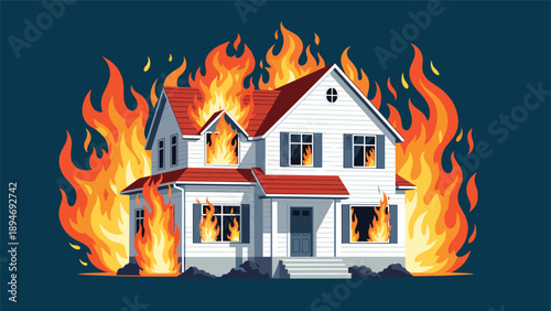 Large two-story white suburban house is engulfed in fierce orange and yellow flames against a dark blue background night sky.