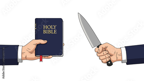 Tension between faith and violence is depicted by one hand holding a Holy Bible and another wielding a sharp knife.