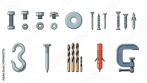 Assorted metal fasteners and hardware components arranged neatly on a white background