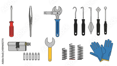 Collection of various hand tools and equipment arranged neatly on a clean surface viewed from directly above