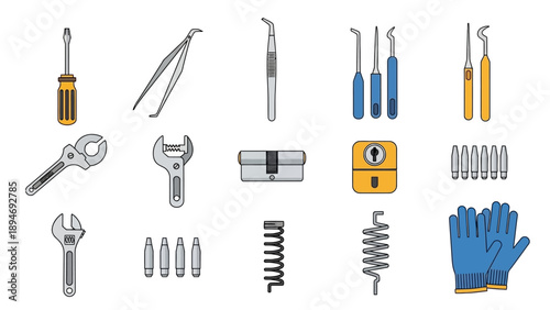 Collection of various tools and equipment for industrial or mechanical use displayed neatly