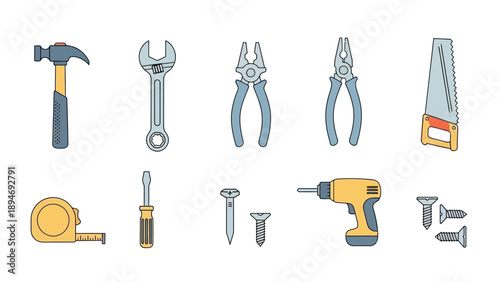 Assorted tools including hammer, wrench, pliers, and drill, arranged neatly on a white background, viewed from directly above.