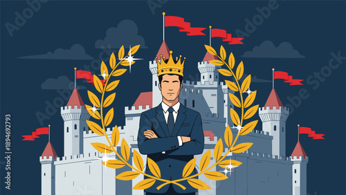 Confident businessman wearing a golden crown stands within a golden laurel wreath before a majestic blue stone castle.