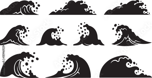 Black and white ocean wave silhouettes on clean background