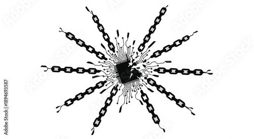 Digital disruption and connection radiating from a central microchip.