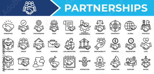 Partnerships icon set collection. Containing, commitment, joint, organization, partner, trust, handshake, important .Line vector icons collection