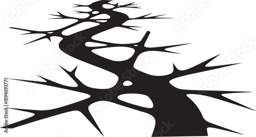 Black silhouette of a twisted tree on white background