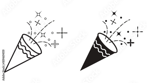 A festive illustration of two party horns with celebratory sparks