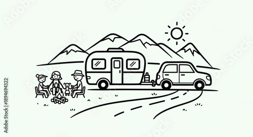Family camping trip with caravan and car in mountains.