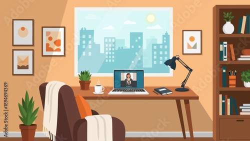 Laptop on Desk with City View.