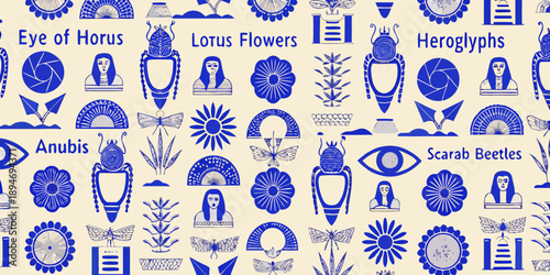 Ancient egyptian motifs and symbols in a repeating pattern