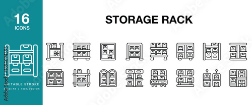 Storage Rack icon set. Includes storage, rack, shelf, shelving, warehouse, industrial and More. Editable Stroke Icon Collection.