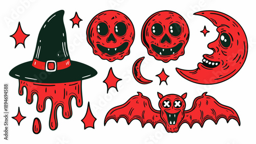 Vintage halloween illustration featuring skulls a witch s hat and crescent moons