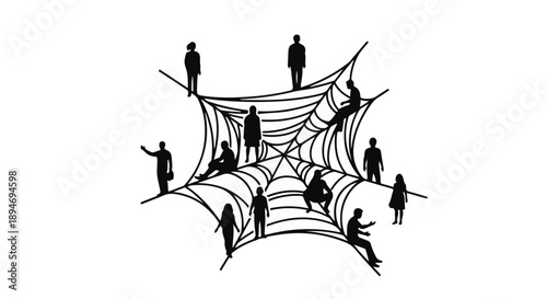 Silhouettes of people caught in a complex web, representing connection and entanglement.