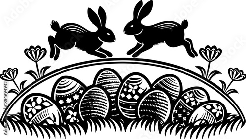 Two rabbits jumping over a collection of decorated Easter eggs in a grassy field with flowers