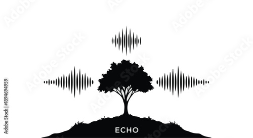 Tree on hill with sound waves emanating, symbolizing echo and connection