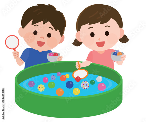 スーパーボールすくいをする男の子と女の子　イラスト