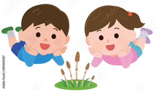 寝そべってつくしを見る男の子と女の子　イラスト