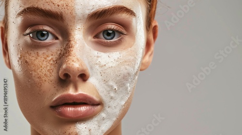 Split composition showing woman's face, one half with PDRN mask application, glowing hydrated skin results on other half, clinical precision lighting