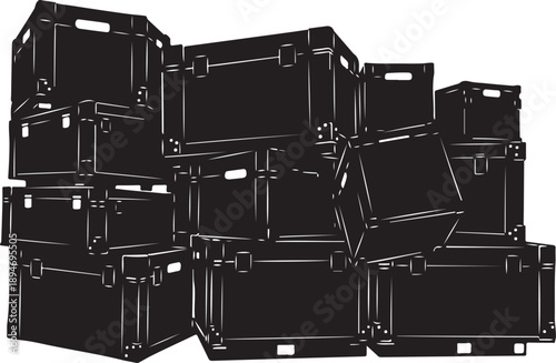 Stack of black boxes in a chaotic messy pile